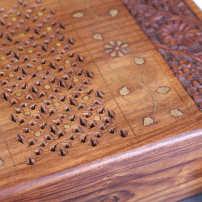 Vervek Large Hand Carved Wooden Box with Brass Inlay