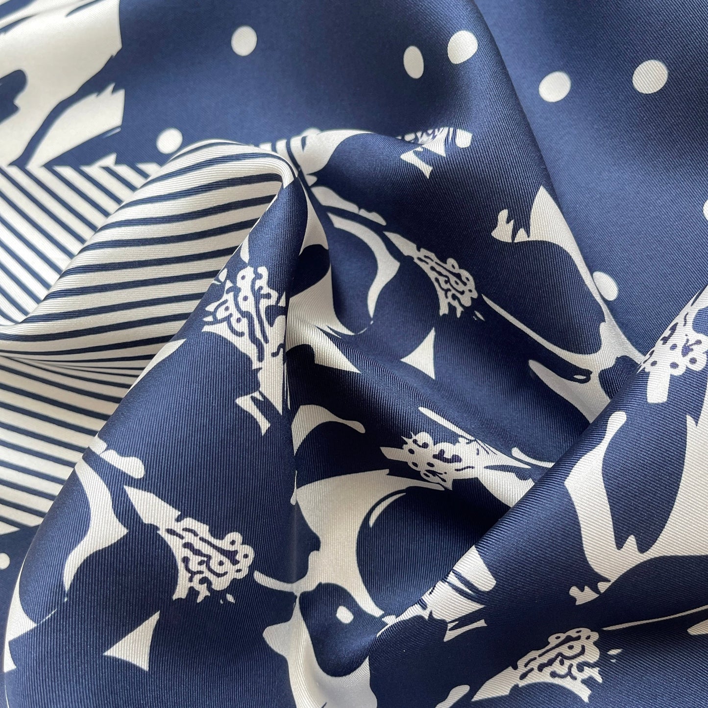 Navy Patchwork Print Silk Square Scarf Bandana – 65cm for Women