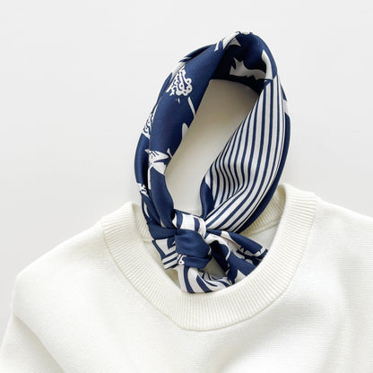 Navy Patchwork Print Silk Square Scarf Bandana – 65cm for Women