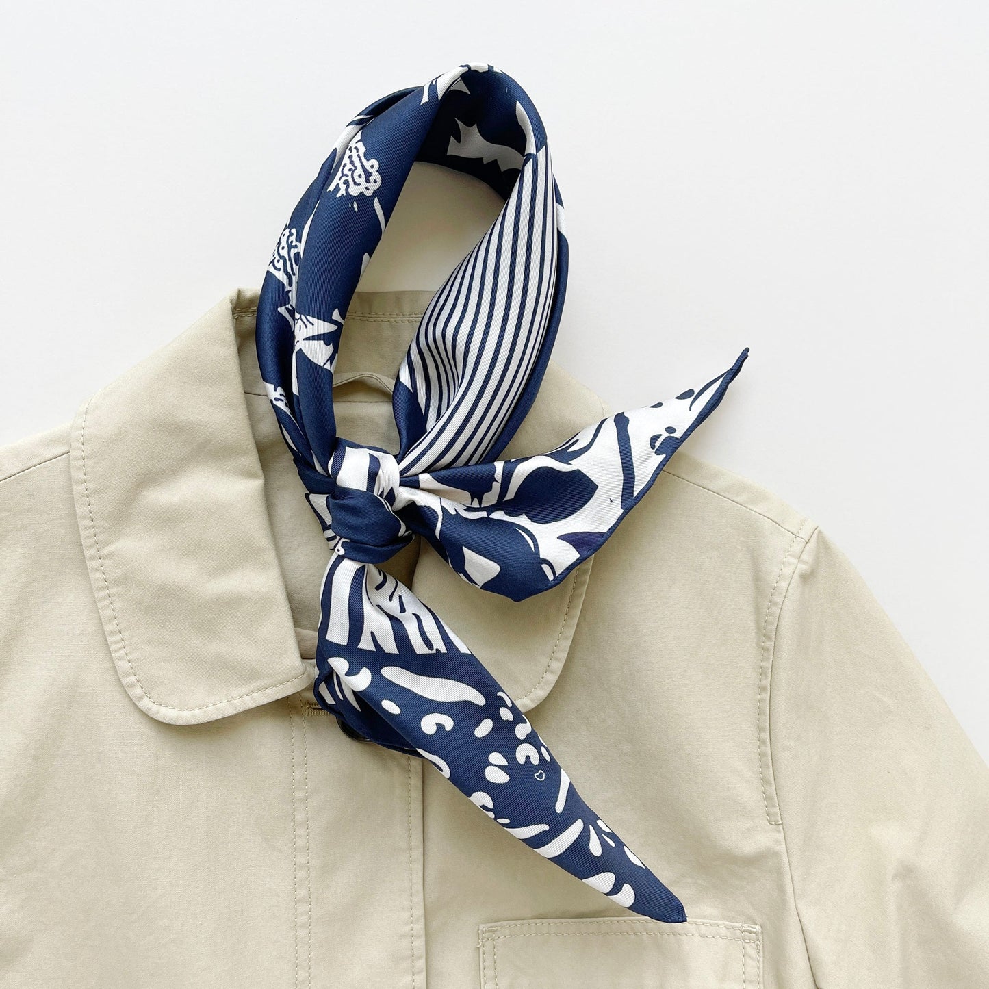 Navy Patchwork Print Silk Square Scarf Bandana – 65cm for Women