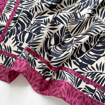 Black Beige Leafy Silk Scarf - 65cm Double-Sided Print Bandana Scarf with Hand-Rolled Edges