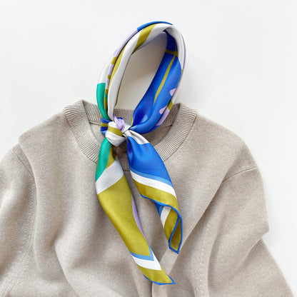 Blue Abstract Lotus Silk Square Scarf - 65cm Double-Sided Print Unisex Bandana Scarf with Hand-rolled Edges