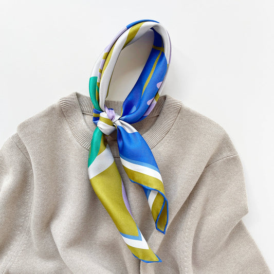 Blue Abstract Lotus Silk Square Scarf - 65cm Double-Sided Print Unisex Bandana Scarf with Hand-rolled Edges