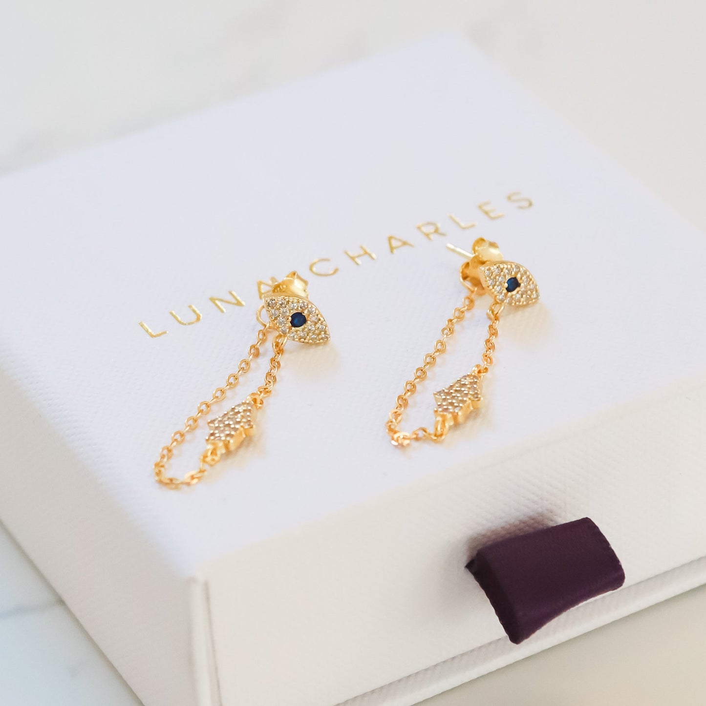 Iris Evil Eye Chain Drop Earrings | 18k Gold Plated