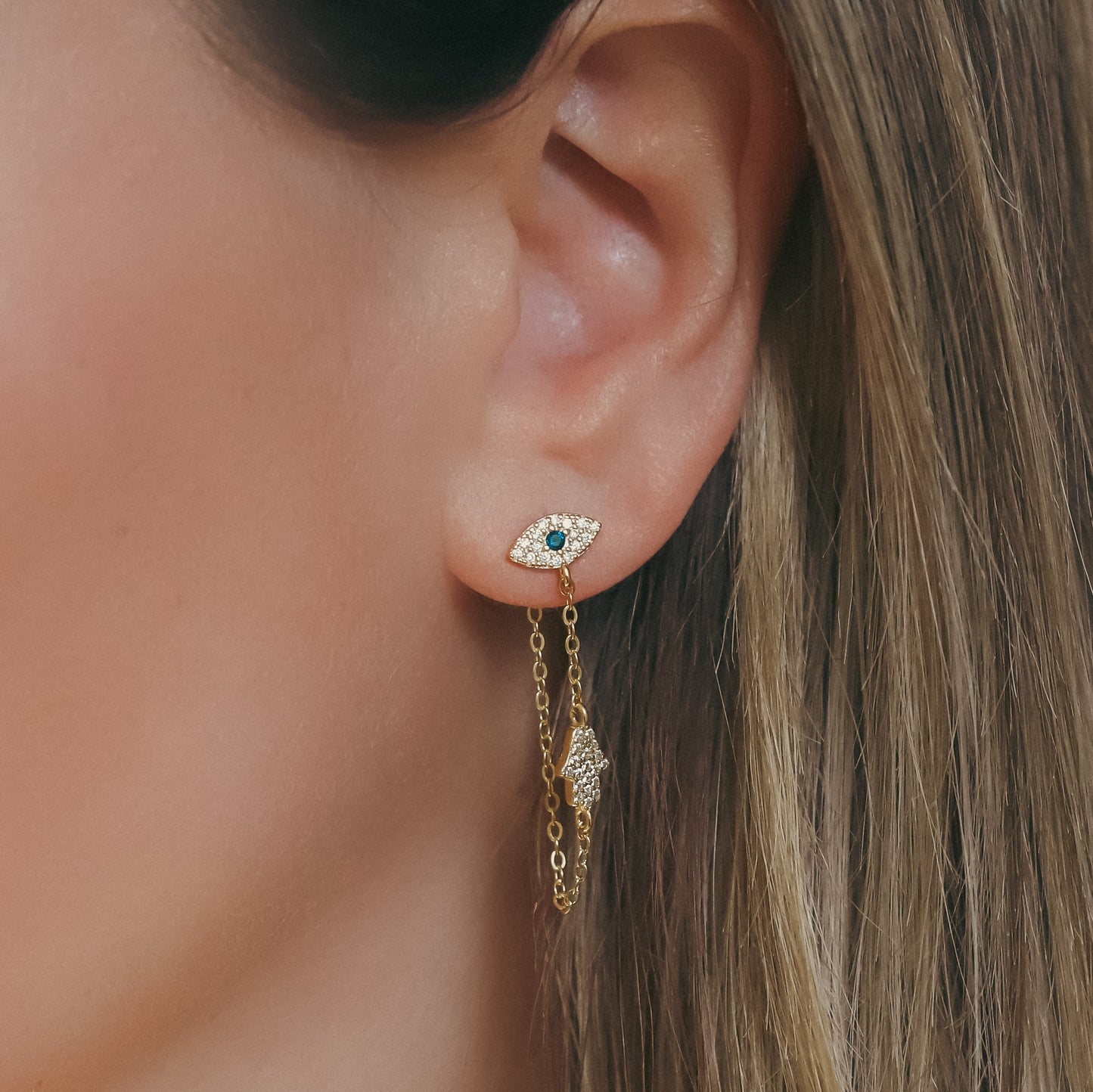 Iris Evil Eye Chain Drop Earrings | 18k Gold Plated