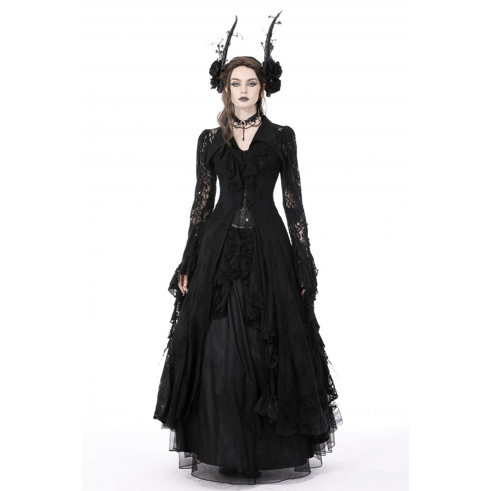 Dark In Love Livvy Lace Coat - Women's Gothic Jacket with Pointed Collar and Ruffles