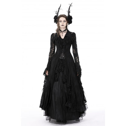 Dark In Love Livvy Lace Coat - Women's Gothic Jacket with Pointed Collar and Ruffles