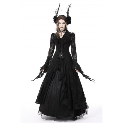 Dark In Love Livvy Lace Coat - Women's Gothic Jacket with Pointed Collar and Ruffles