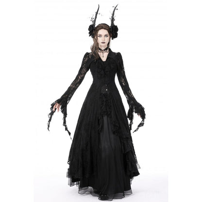 Dark In Love Livvy Lace Coat - Women's Gothic Jacket with Pointed Collar and Ruffles