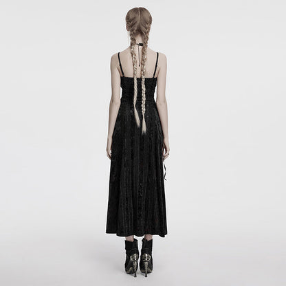 Punk Rave Morrigan Embroidered Velvet Goth Slip Dress In Black