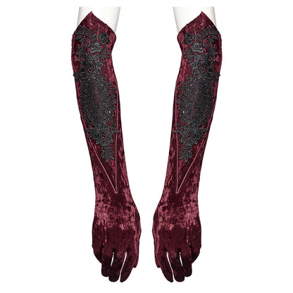 Punk Rave Selene Embroidered Velvet Gloves in Crimson