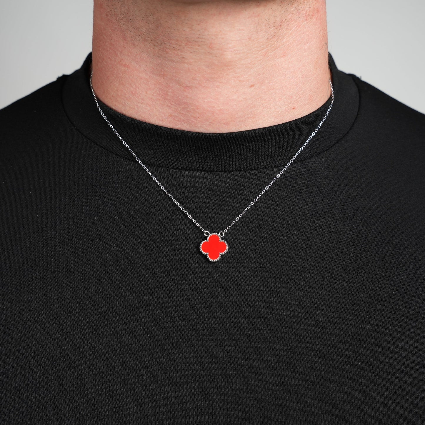 Silver Single Clover Necklace (Red)