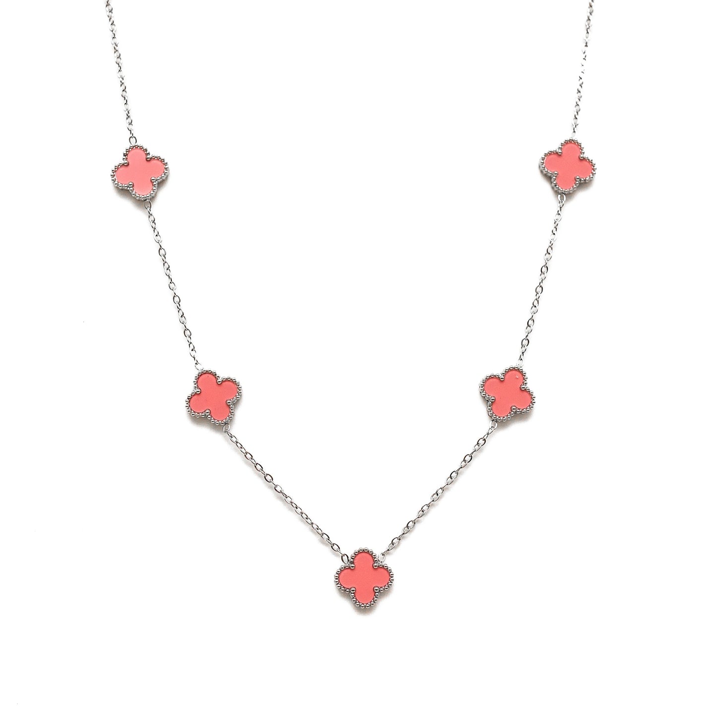 Silver Clover Necklace (Baby Pink)