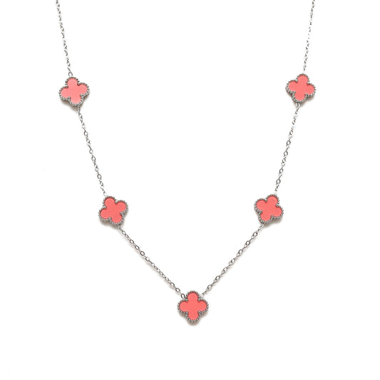 Silver Clover Necklace (Baby Pink)