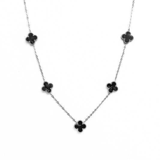 Silver Pearl Clover Necklace (Black)