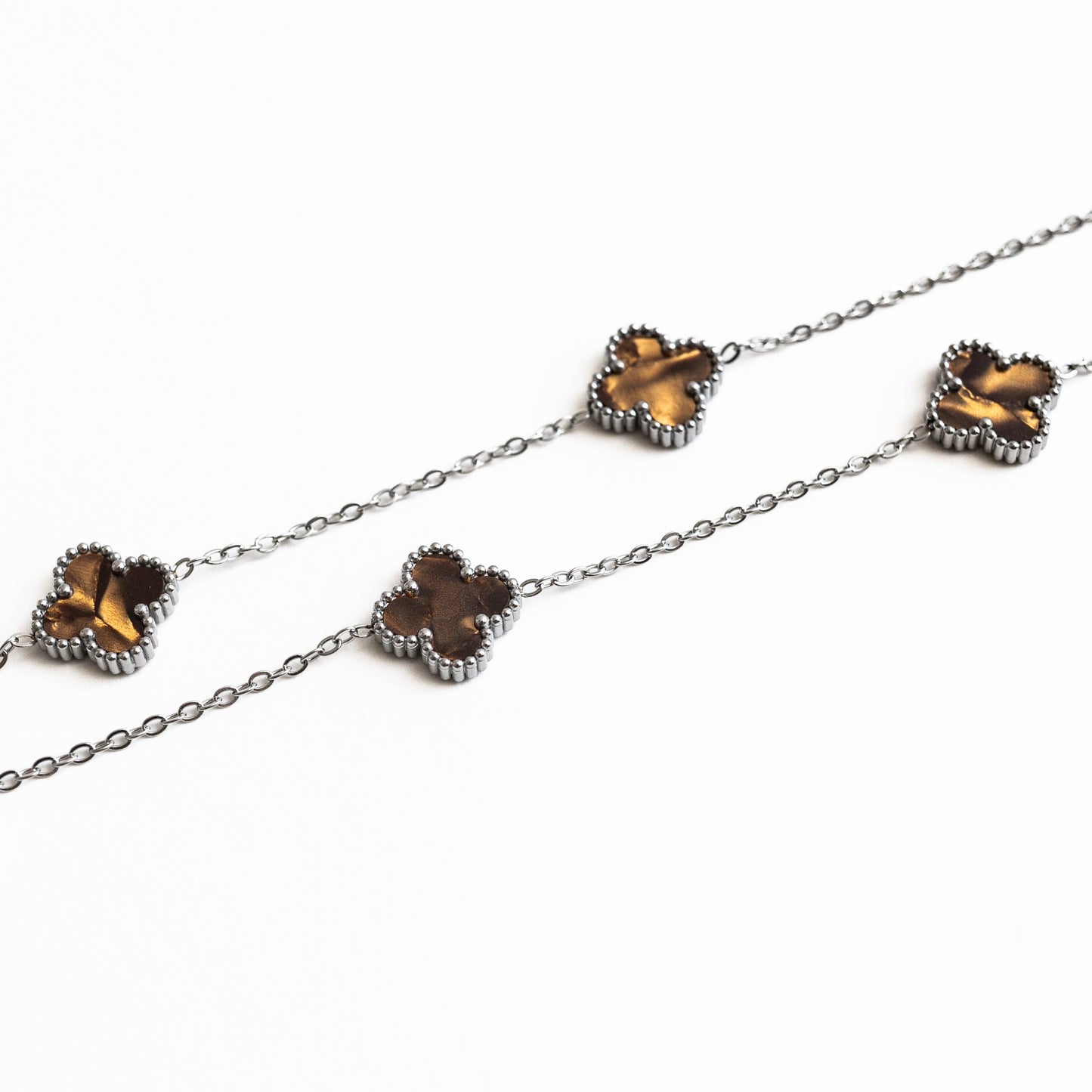 Silver Pearl Clover Necklace (Chocolate)