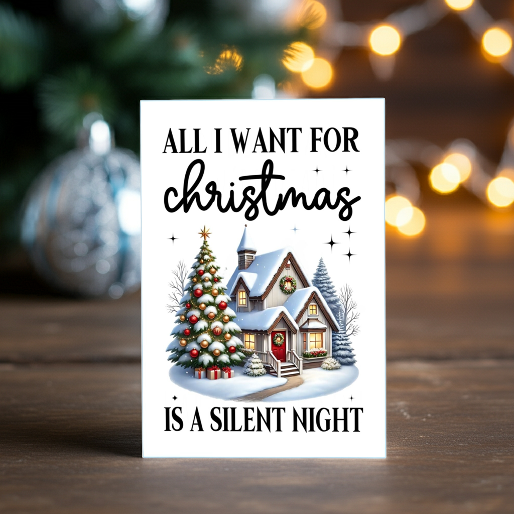 "All I Want for Christmas is a Silent Night" Humorous House A6 Christmas Card