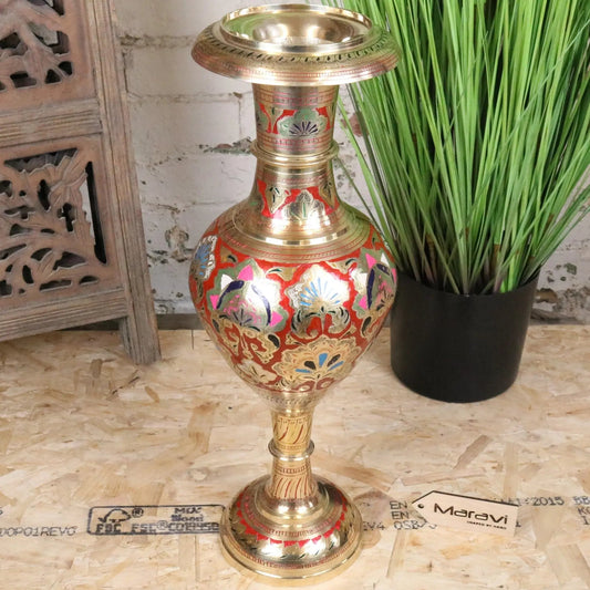 Vintage 60cm Large Brass Vase Hand Painted and Etched - Red
