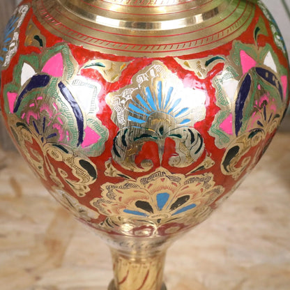 Vintage 60cm Large Brass Vase Hand Painted and Etched - Red