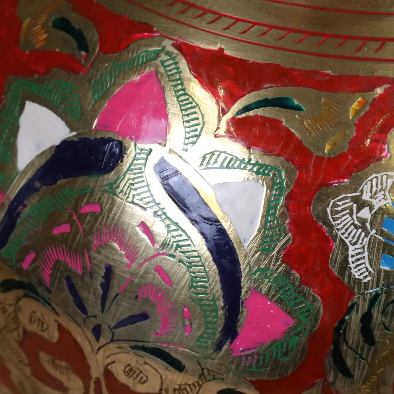 Vintage 60cm Large Brass Vase Hand Painted and Etched - Red