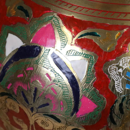 Vintage 60cm Large Brass Vase Hand Painted and Etched - Red