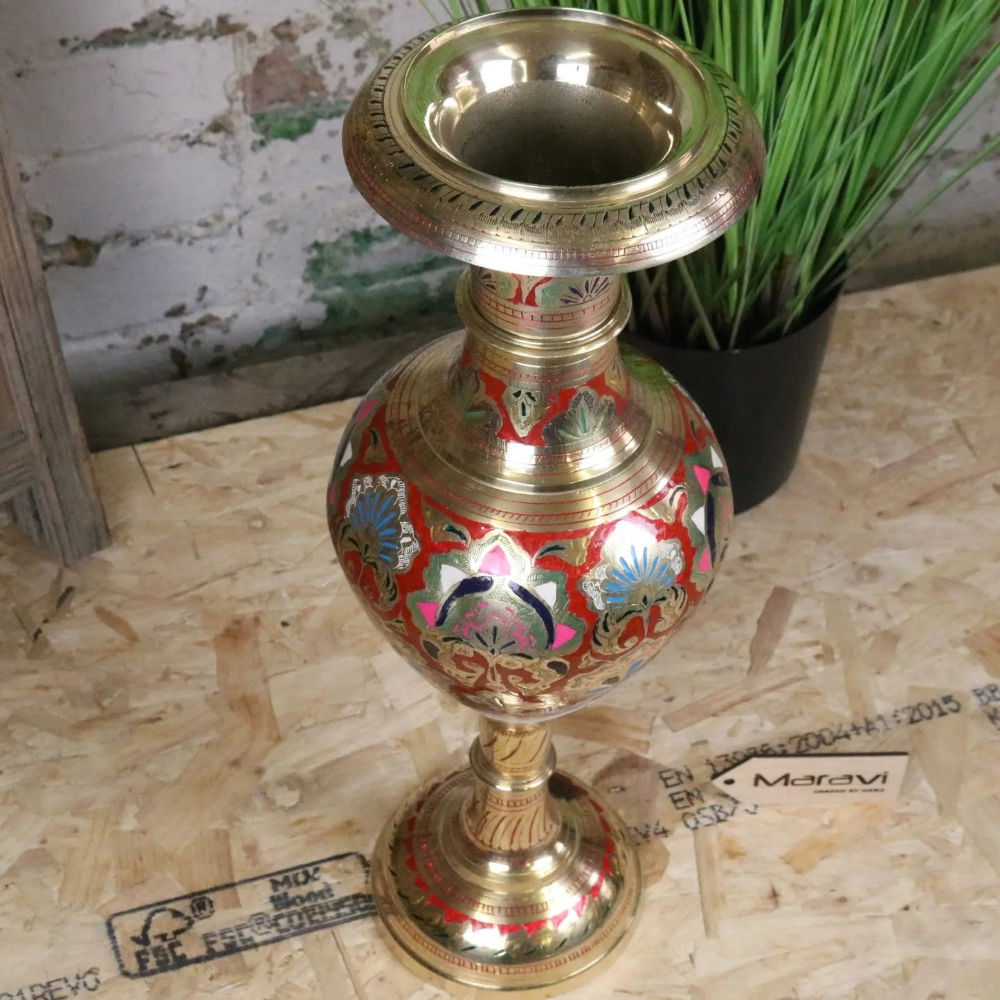 Vintage 60cm Large Brass Vase Hand Painted and Etched - Red
