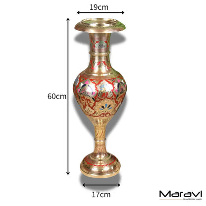 Vintage 60cm Large Brass Vase Hand Painted and Etched - Red