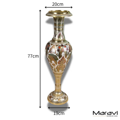 Vintage 77cm Large Brass Vase Hand Painted and Etched - White