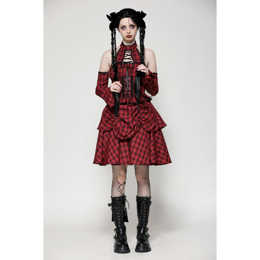 Dark in Love Rosalind Black and Red Tartan Cold Shoulder Halterneck Dress