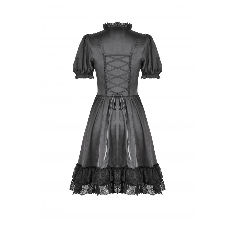 Dark in Love Belladonna Lace-Up High Collar Puff Sleeve Goth Dress  in Black