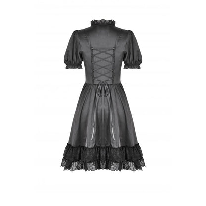 Dark in Love Belladonna Lace-Up High Collar Puff Sleeve Goth Dress  in Black