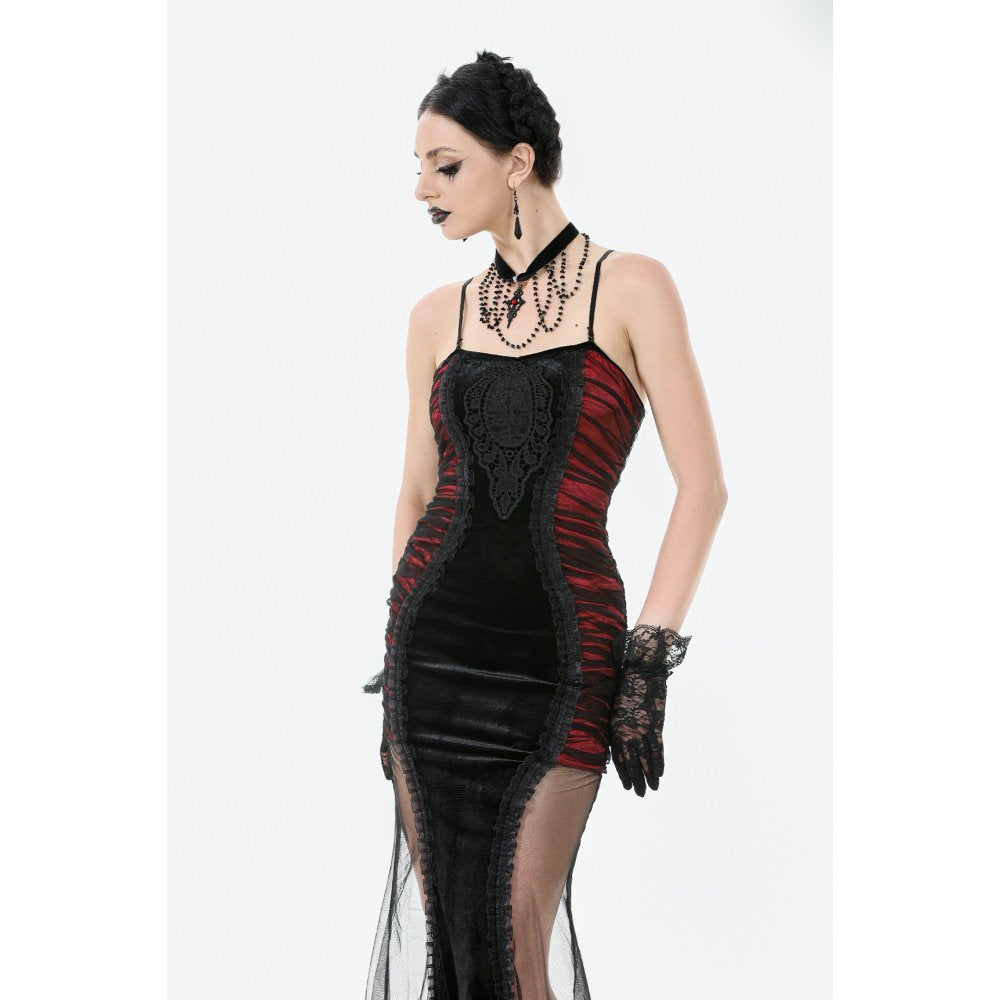 Dark in Love Lilith Red & Black Mesh Panel Goth Gown