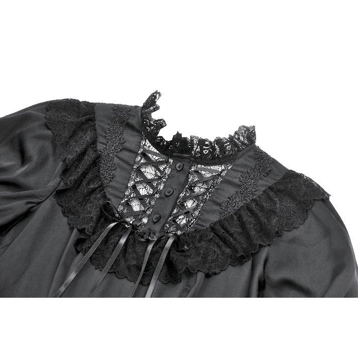 Dark in Love Belladonna Lace-Up High Collar Puff Sleeve Goth Dress  in Black