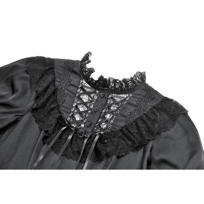 Dark in Love Belladonna Lace-Up High Collar Puff Sleeve Goth Dress  in Black