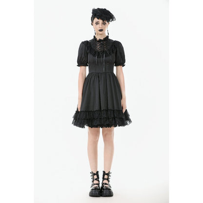Dark in Love Belladonna Lace-Up High Collar Puff Sleeve Goth Dress  in Black