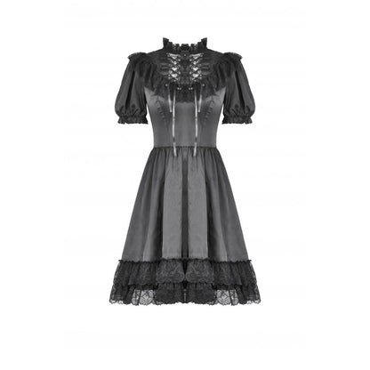 Dark in Love Belladonna Lace-Up High Collar Puff Sleeve Goth Dress  in Black