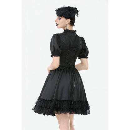 Dark in Love Belladonna Lace-Up High Collar Puff Sleeve Goth Dress  in Black