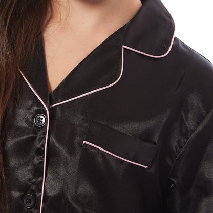 Girls Satin Silk Long Sleeve Pyjama Set Elegant Loungewear Cosy Nightwear Button-Down Shirt Loose-Fit Pants Black Pink Grey Sizes 5-14 by Daisy Dreamer
