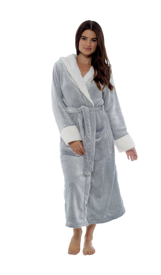 Luxurious Women's Fleece Dressing Gown with Sherpa Fur Hood Plush Flannel Bath Robe Elegant Shimmer Grey Soft Cozy Loungewear by Daisy Dreamer