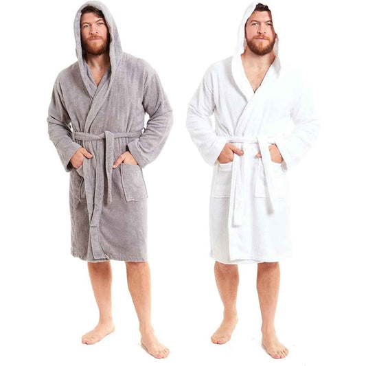 Men's Bamboo Hooded Bath Robe Ultra Absorbent Towelling Dressing Gown for Hotels Gyms Spas with Soft Breathable Cotton Blend Quick Dry Grey White by Sock Stack