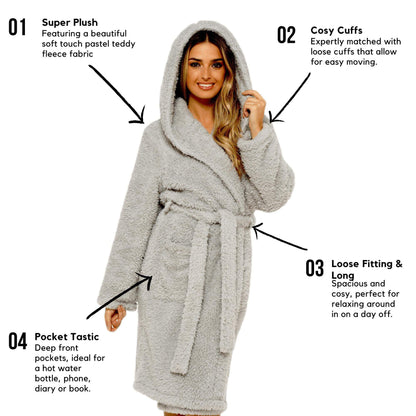 Ultra-Soft Women's Grey Hooded Teddy Fleece Bath Robe Perfect for Lounging and Post-Shower Comfort Available in Sizes Small to X Large by Daisy Dreamer