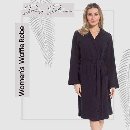 Women's Hooded Waffle Cotton Bathrobe Black Super Absorbent Spa Dressing Gown for Home Lounge & Travel by Daisy Dreamer