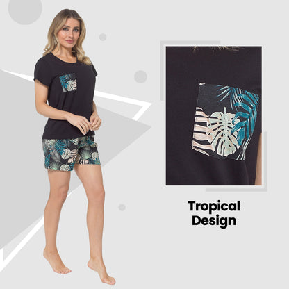 Women's Tropical Pyjama Set T-Shirt & Shorts PJs Soft Cotton Loungewear Summer Holiday Sleepwear by Daisy Dreamer